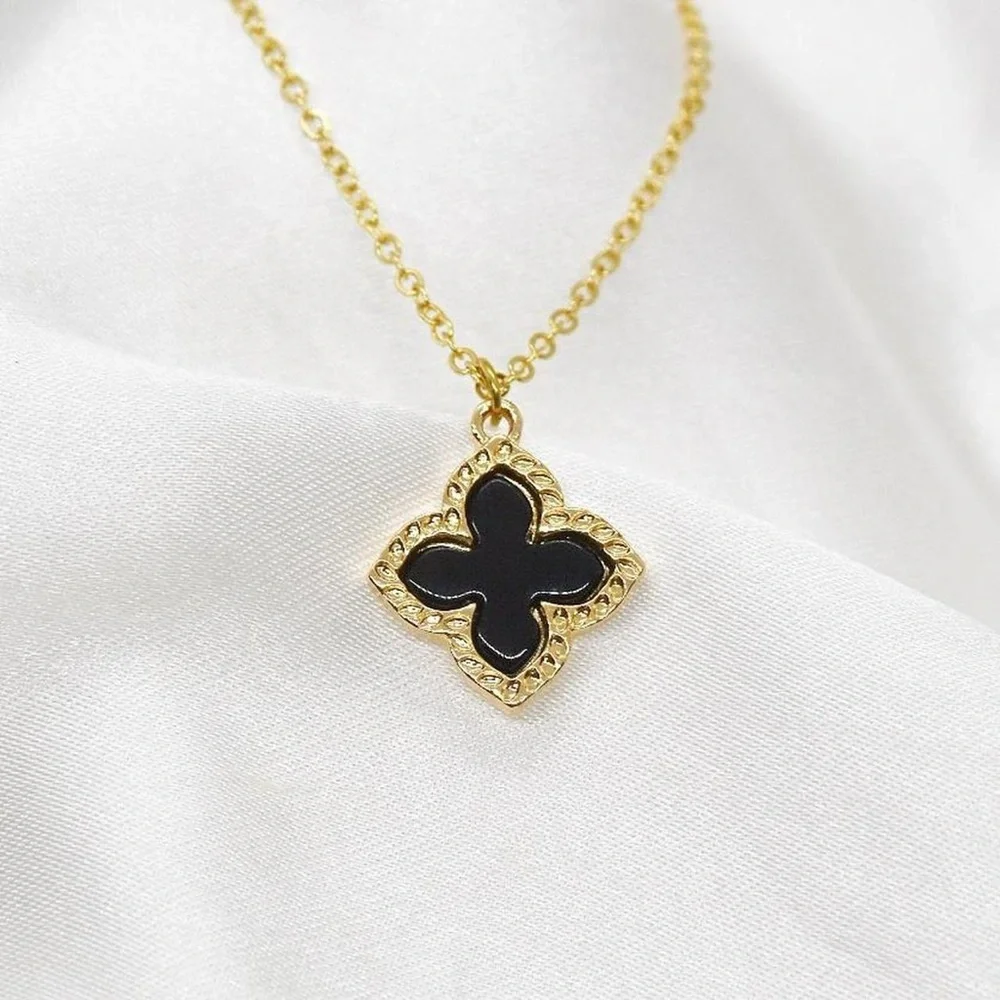 Gold Necklace with Black Clover Pendant